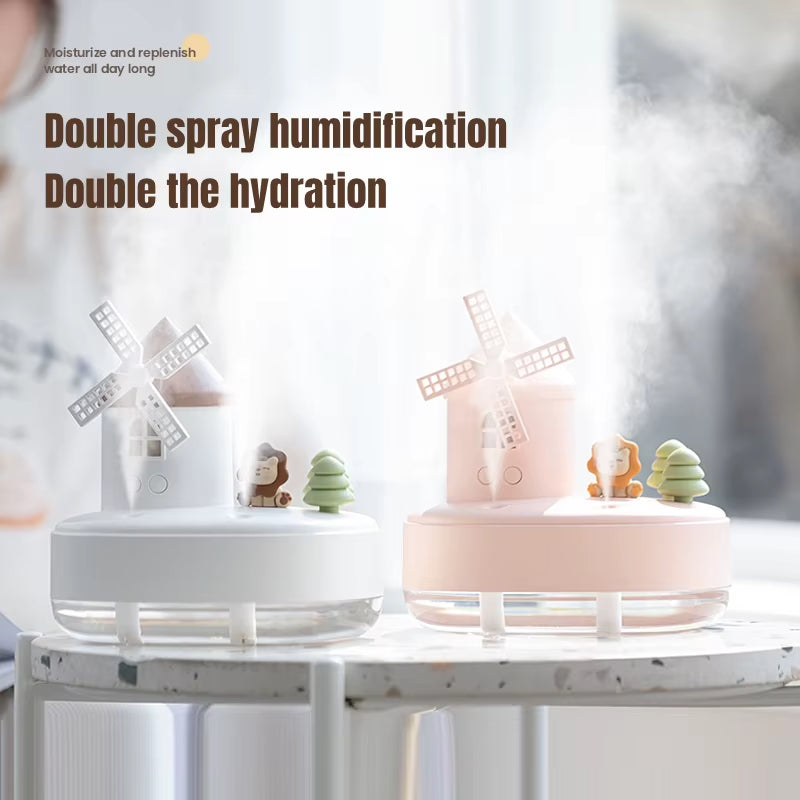 650Ml Windmill Castle Double Spray Nozzle Wireless Air Humidifier LED Light Music Box USB Portable Aroma Essential Oil Diffuser