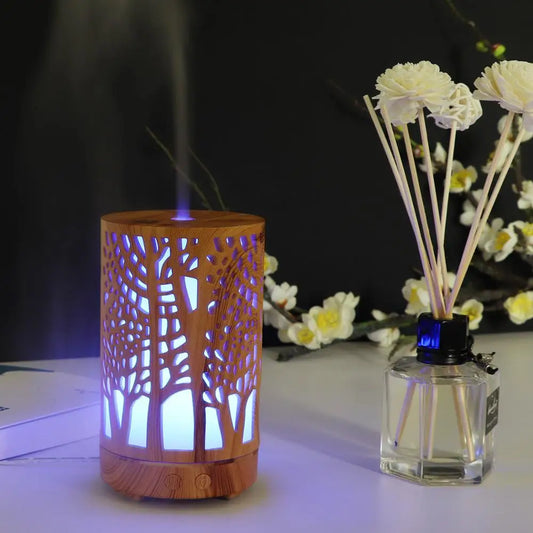 200Ml Forest Aroma Essential Oil Diffuser Hallow Wood Grain 7 Color LED