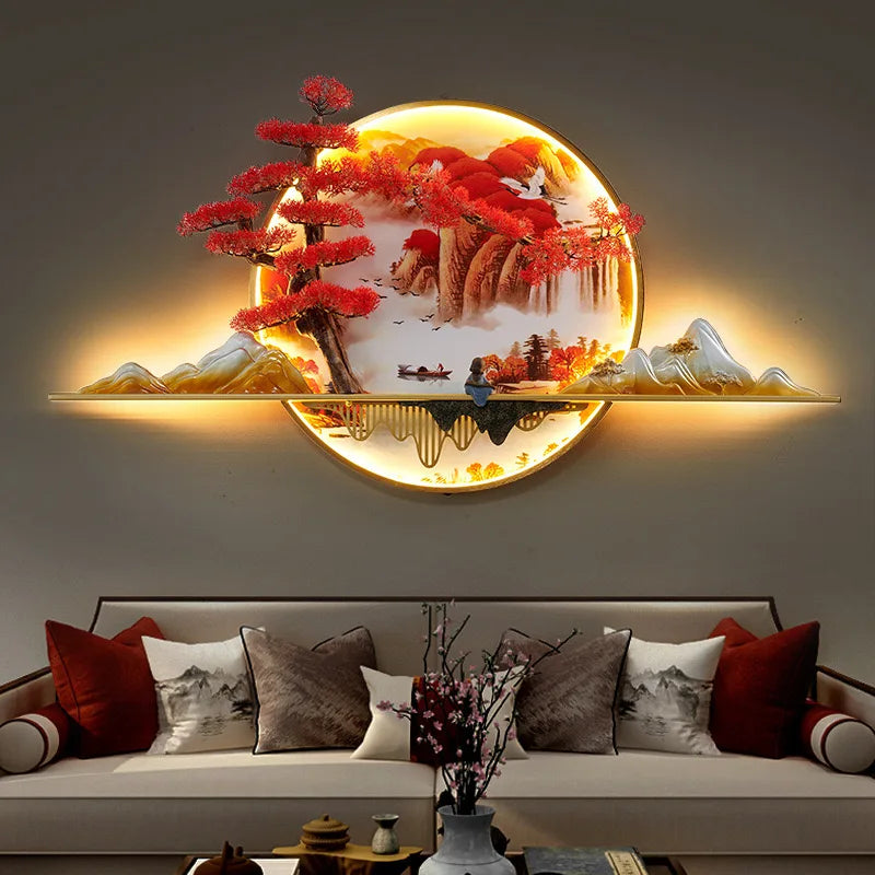 Modern Pine Wood Mural Light LED Chinese Creative Landscape