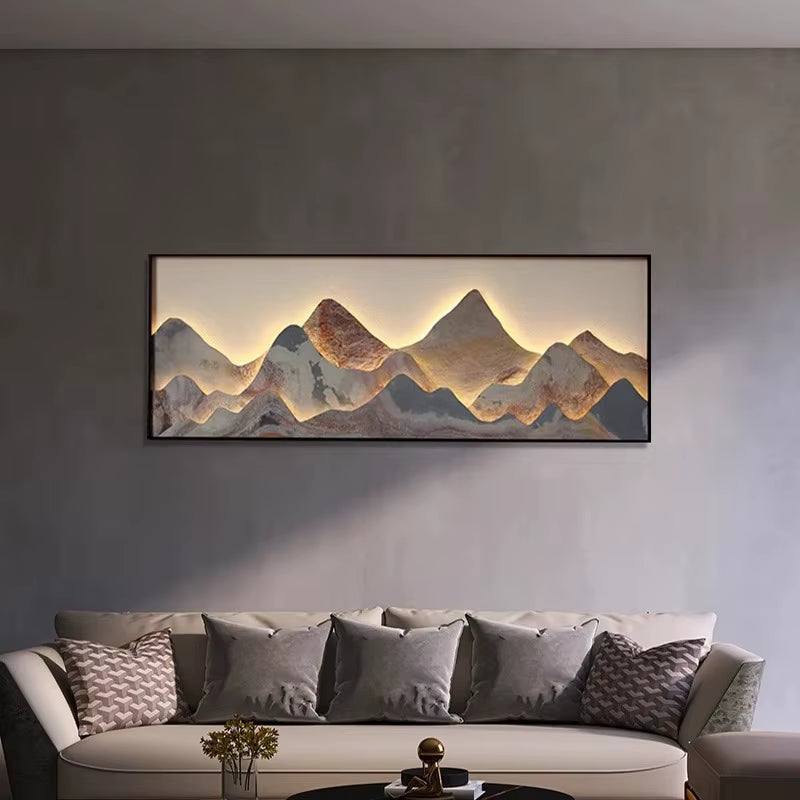 Room Decor Living Room Background Wall Mural with Lamp Landscape Hanging Painting Zen Tea Room Rock Panel Decorative Painting