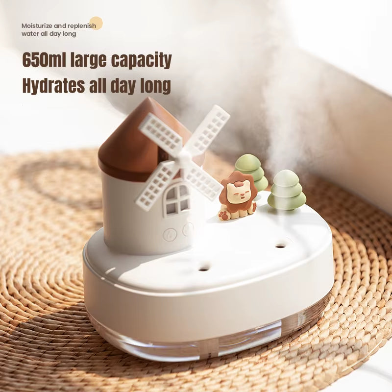 650Ml Windmill Castle Double Spray Nozzle Wireless Air Humidifier LED Light Music Box USB Portable Aroma Essential Oil Diffuser