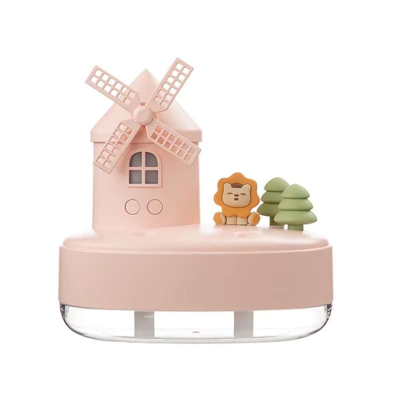 650Ml Windmill Castle Double Spray Nozzle Wireless Air Humidifier LED Light Music Box USB Portable Aroma Essential Oil Diffuser