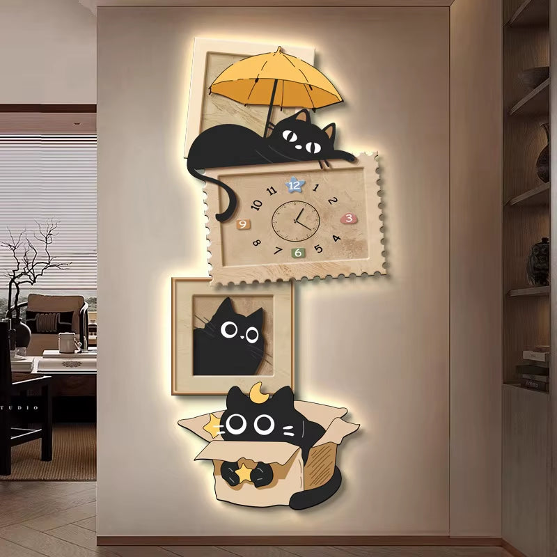 Luxury Cat LED Clock Mural Light for Corridor Living Room Kitchen Table Background Hallway Modern Wall Lamp Indoor Home Decorate