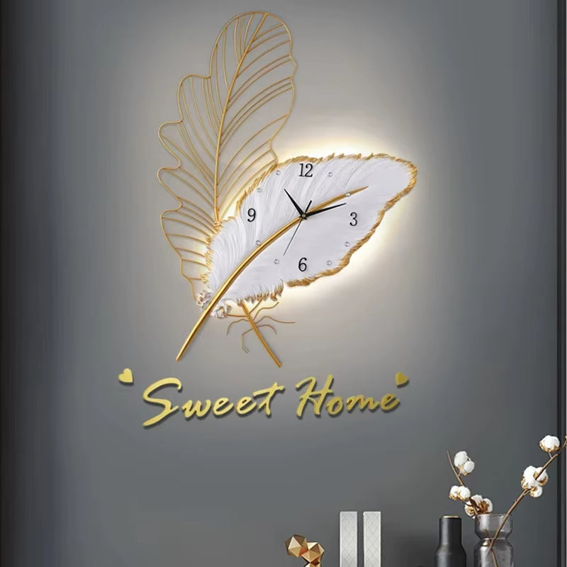 LED Feather Wall Lamp Clock High-End Feeling Bedroom Bedside Corridor Living Room Decoration Resin Clock Wall Lamp Free Shipping