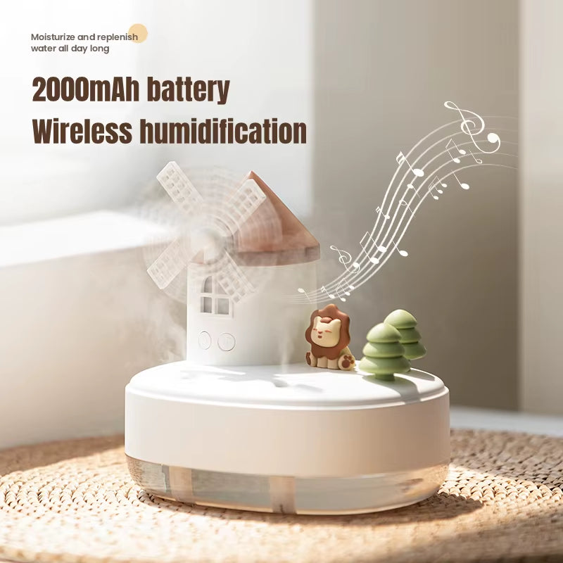 650Ml Windmill Castle Double Spray Nozzle Wireless Air Humidifier LED Light Music Box USB Portable Aroma Essential Oil Diffuser